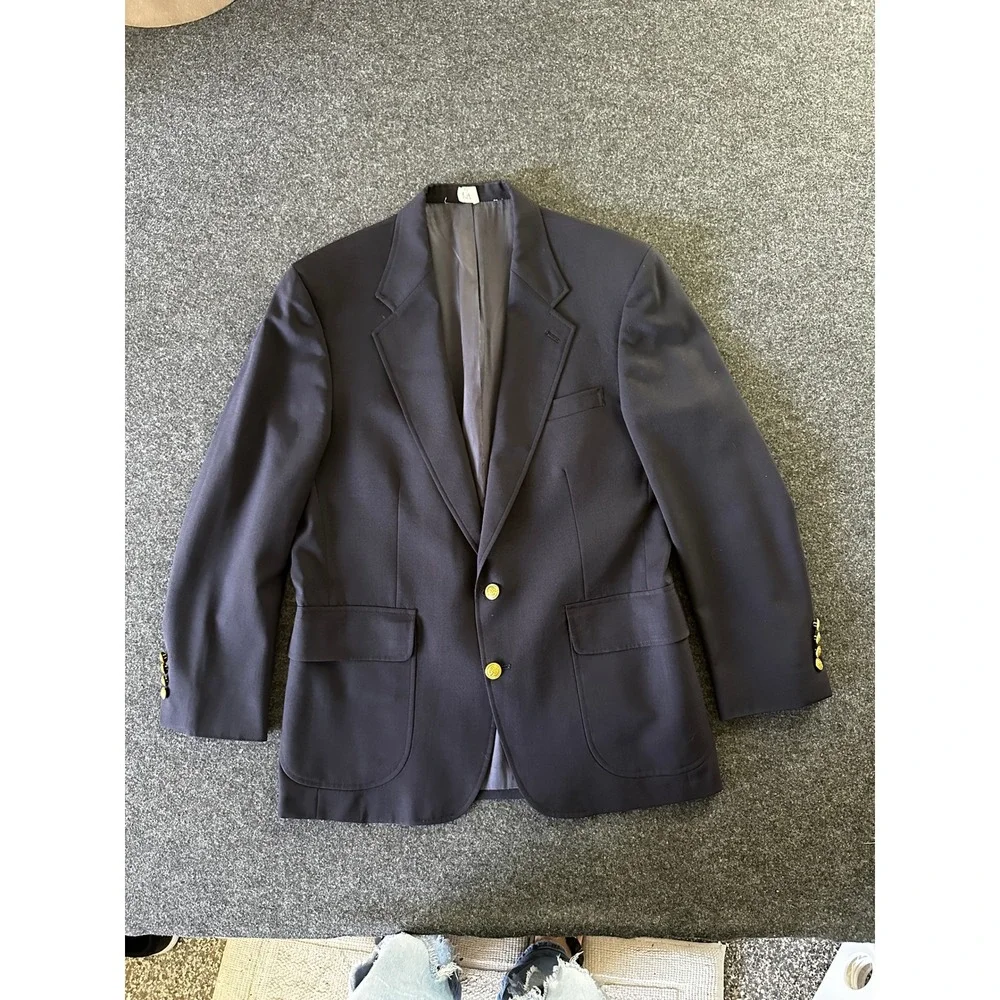 Lands End Mens 40R Navy Blue 100% Wool Blazer Gold Crest Button Sport Coat 40 R